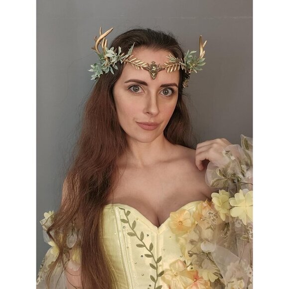 Woodland Gold Antler Crown Fairy Floral Circlet for Women Renaissance Halloween main image 4